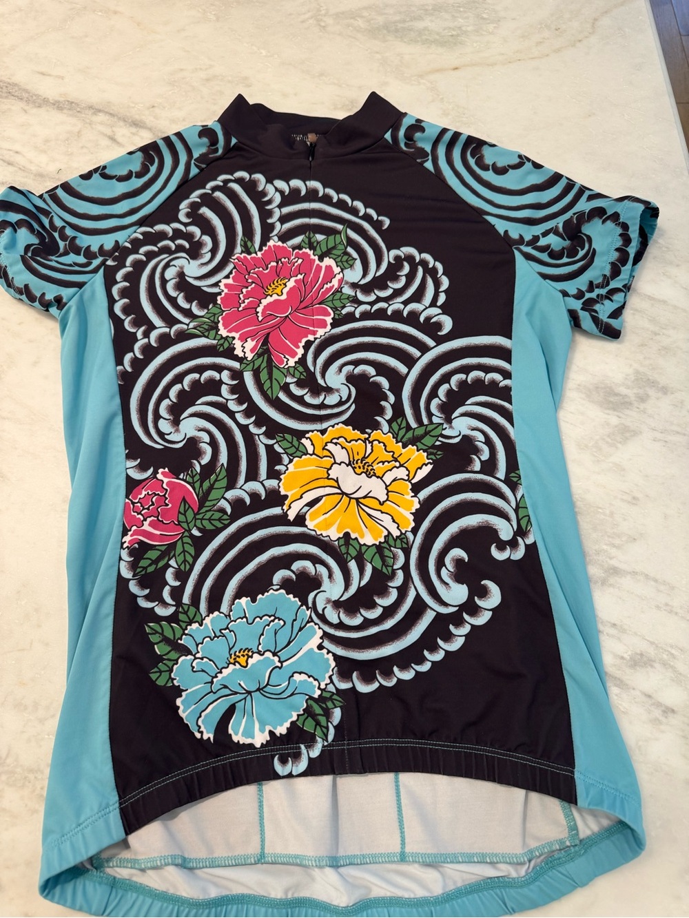 Yellow Box Floral Wave Short-Sleeve Cycling Jersey - Black & Aqua